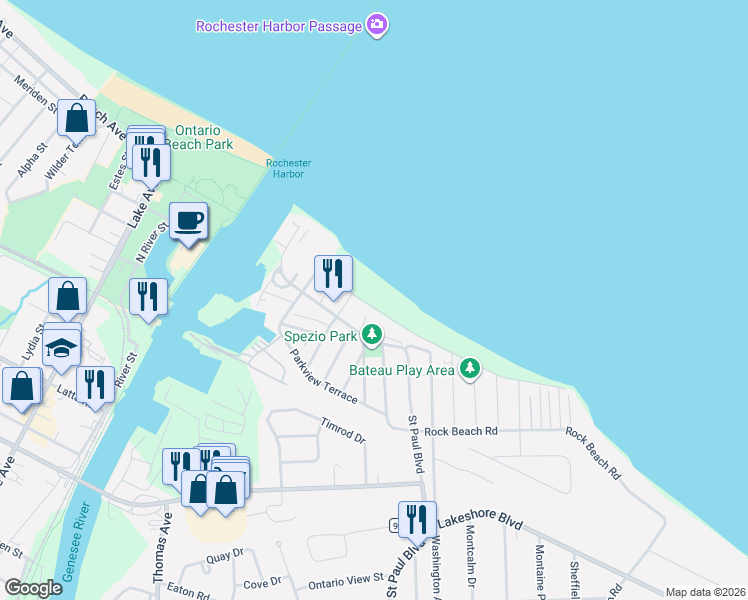 map of restaurants, bars, coffee shops, grocery stores, and more near 187 Lake Front in Irondequoit