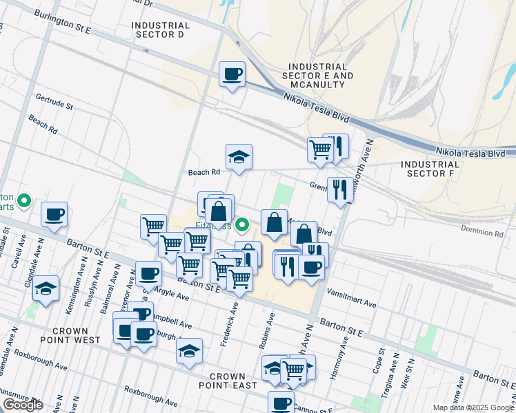 map of restaurants, bars, coffee shops, grocery stores, and more near 142 McAnulty Boulevard in Hamilton