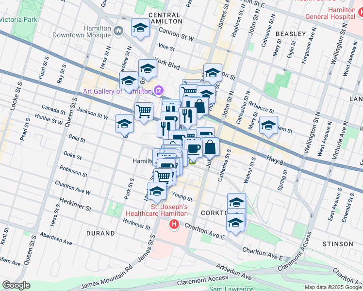 map of restaurants, bars, coffee shops, grocery stores, and more near 98 James Street South in Hamilton