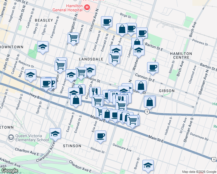 map of restaurants, bars, coffee shops, grocery stores, and more near 1 Nightingale Street in Hamilton