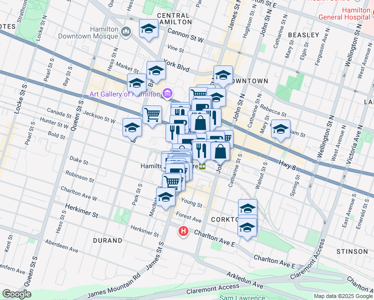 map of restaurants, bars, coffee shops, grocery stores, and more near 98 James Street South in Hamilton