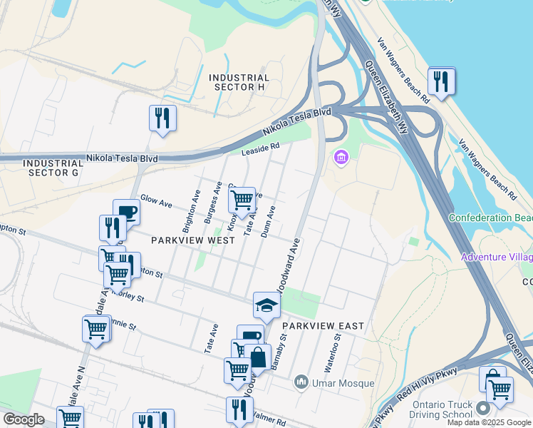 map of restaurants, bars, coffee shops, grocery stores, and more near 727 Dunn Avenue in Hamilton