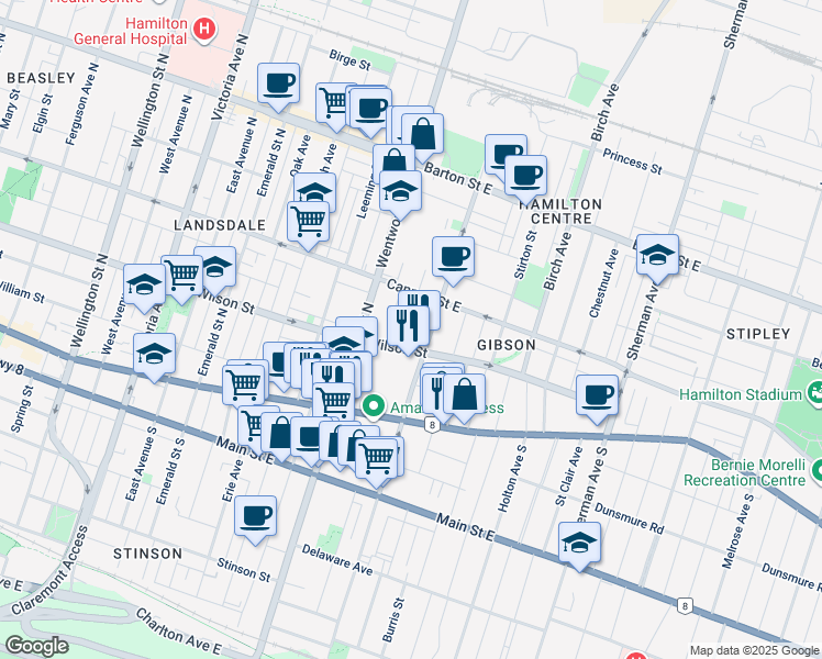 map of restaurants, bars, coffee shops, grocery stores, and more near 8 Madison Avenue in Hamilton