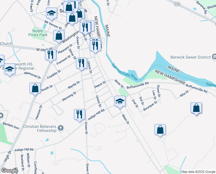 map of restaurants, bars, coffee shops, grocery stores, and more near 9 Mount Auburn Street in Somersworth