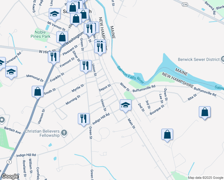 map of restaurants, bars, coffee shops, grocery stores, and more near 9 Mount Auburn Street in Somersworth