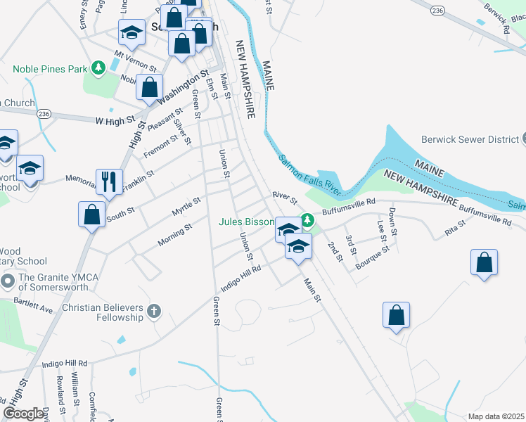 map of restaurants, bars, coffee shops, grocery stores, and more near 9 Mount Auburn Street in Somersworth