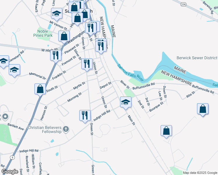 map of restaurants, bars, coffee shops, grocery stores, and more near 9 Mount Auburn Street in Somersworth