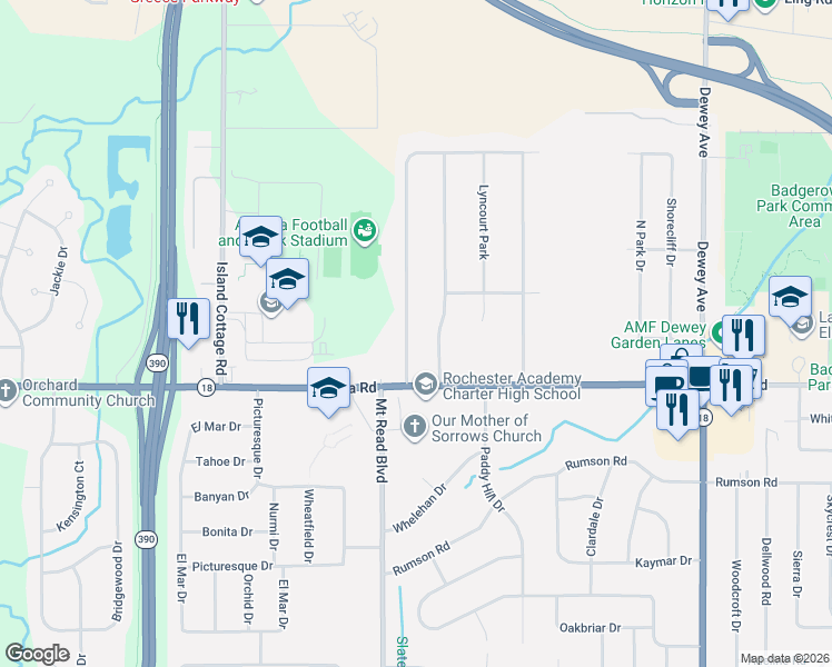 map of restaurants, bars, coffee shops, grocery stores, and more near 781 Shorecliff Drive in Rochester