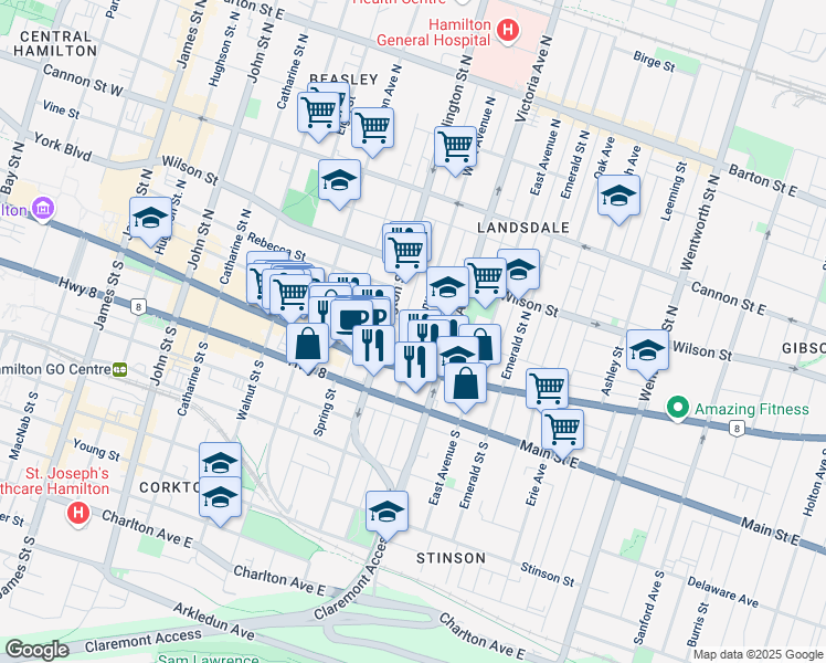map of restaurants, bars, coffee shops, grocery stores, and more near 35 West Avenue North in Hamilton