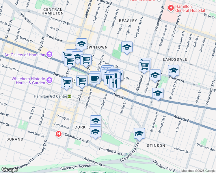 map of restaurants, bars, coffee shops, grocery stores, and more near 12 Walnut Street South in Hamilton