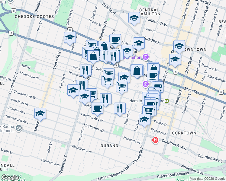 map of restaurants, bars, coffee shops, grocery stores, and more near 138 Bold Street in Hamilton