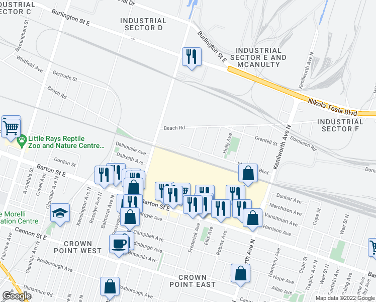 map of restaurants, bars, coffee shops, grocery stores, and more near 74 McAnulty Boulevard in Hamilton