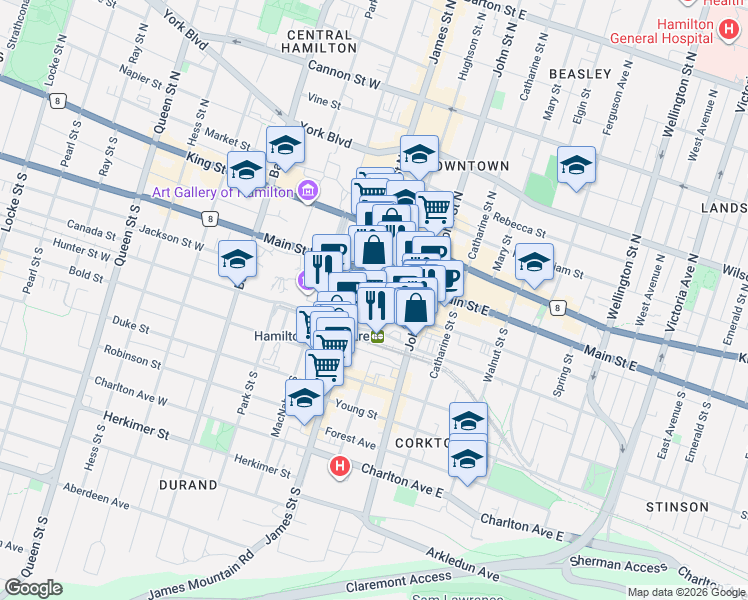 map of restaurants, bars, coffee shops, grocery stores, and more near 75 James Street South in Hamilton
