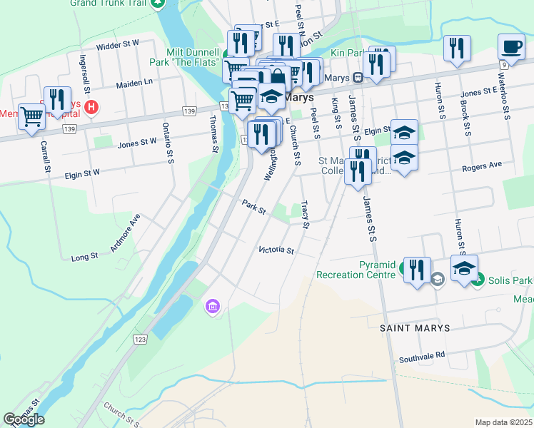 map of restaurants, bars, coffee shops, grocery stores, and more near 155 Park Street in St. Marys