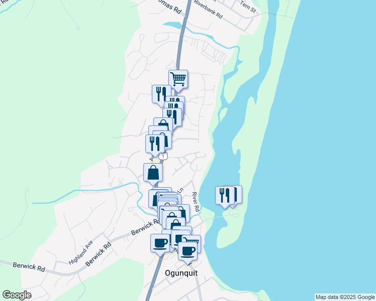 map of restaurants, bars, coffee shops, grocery stores, and more near 56 Green Needle Lane in Ogunquit