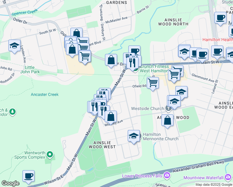 map of restaurants, bars, coffee shops, grocery stores, and more near 18 Sheridan Lane in Hamilton
