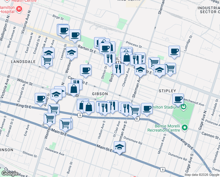 map of restaurants, bars, coffee shops, grocery stores, and more near in Hamilton