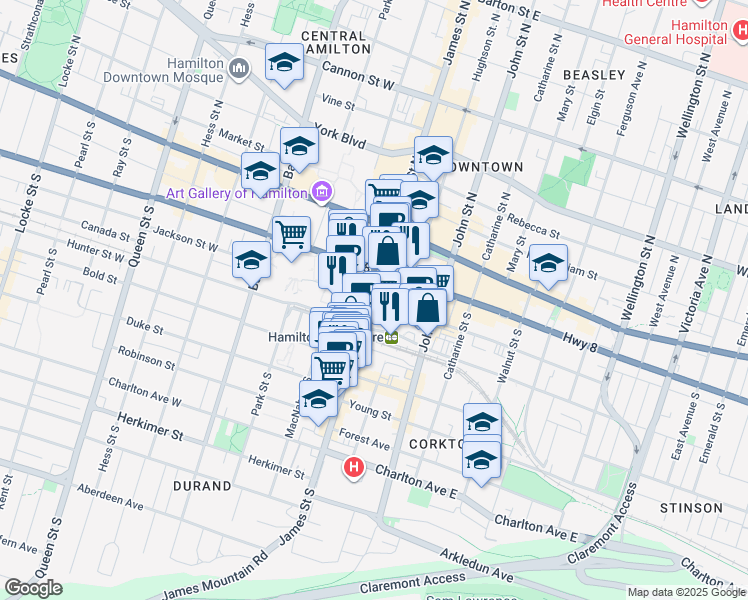 map of restaurants, bars, coffee shops, grocery stores, and more near 75 James Street South in Hamilton