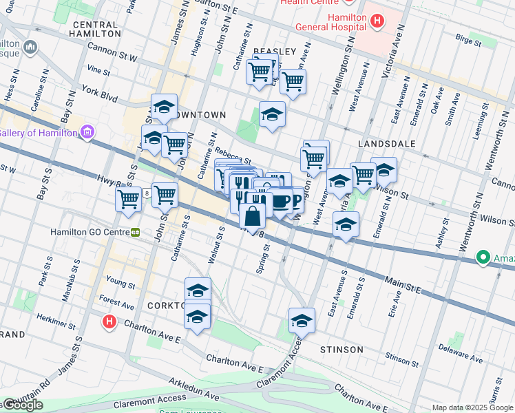 map of restaurants, bars, coffee shops, grocery stores, and more near 251 King Street East in Hamilton