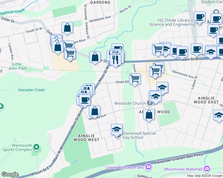map of restaurants, bars, coffee shops, grocery stores, and more near 43 Lower Horning Road in Hamilton