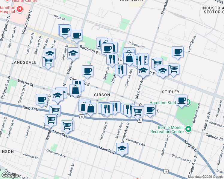map of restaurants, bars, coffee shops, grocery stores, and more near 54 Birch Avenue in Hamilton