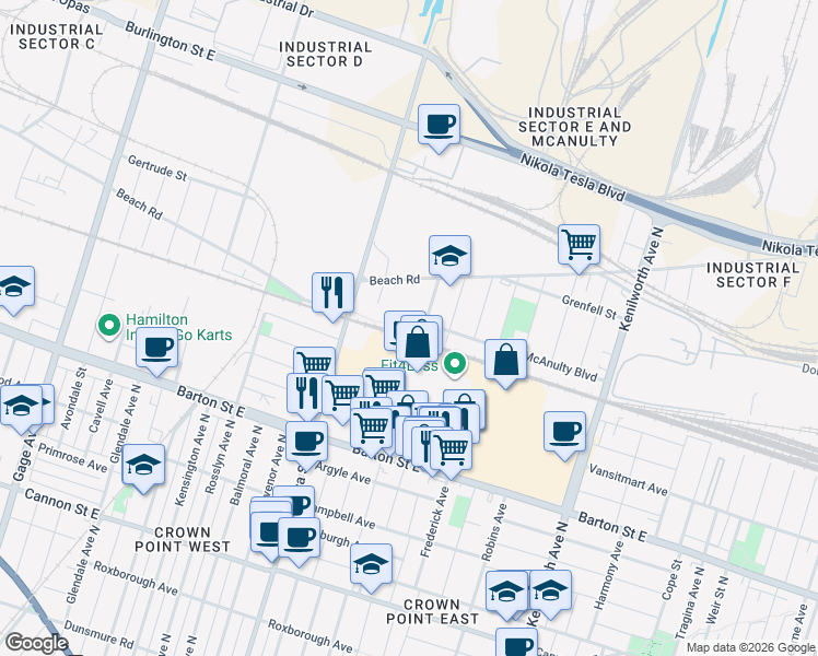 map of restaurants, bars, coffee shops, grocery stores, and more near 74 McAnulty Boulevard in Hamilton