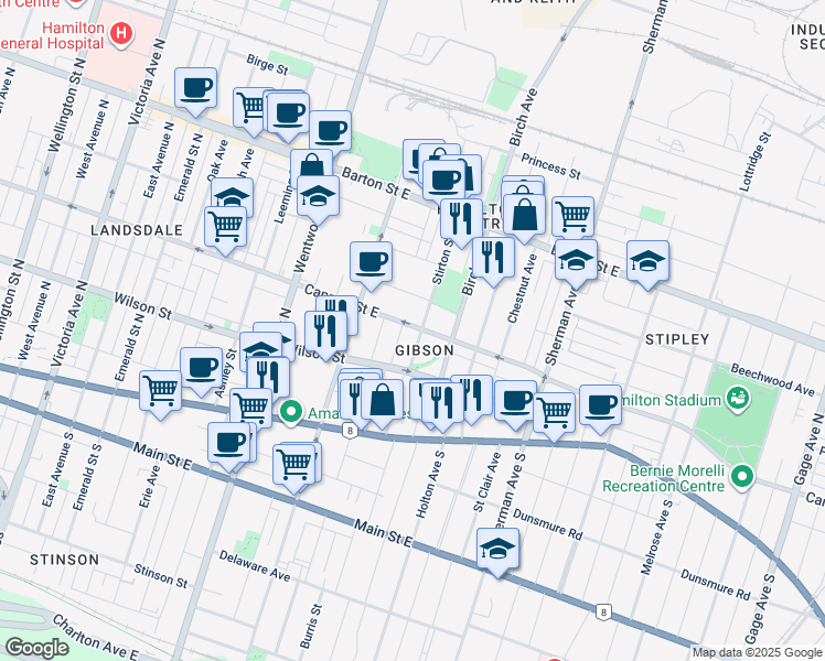 map of restaurants, bars, coffee shops, grocery stores, and more near 536 Cannon Street East in Hamilton