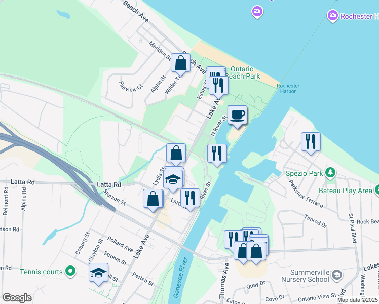 map of restaurants, bars, coffee shops, grocery stores, and more near 4560 Lake Avenue in Rochester