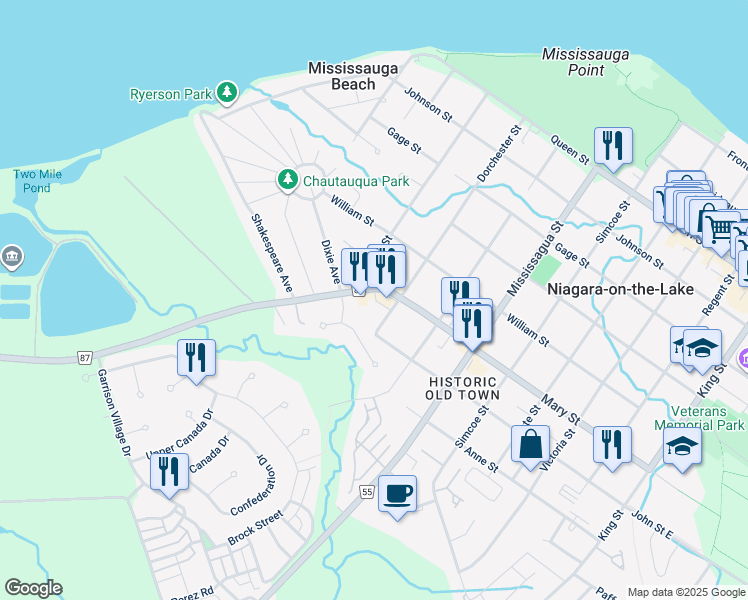 map of restaurants, bars, coffee shops, grocery stores, and more near 468 Dorchester Street in Niagara-on-the-Lake