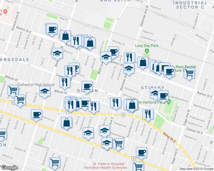 map of restaurants, bars, coffee shops, grocery stores, and more near in Hamilton
