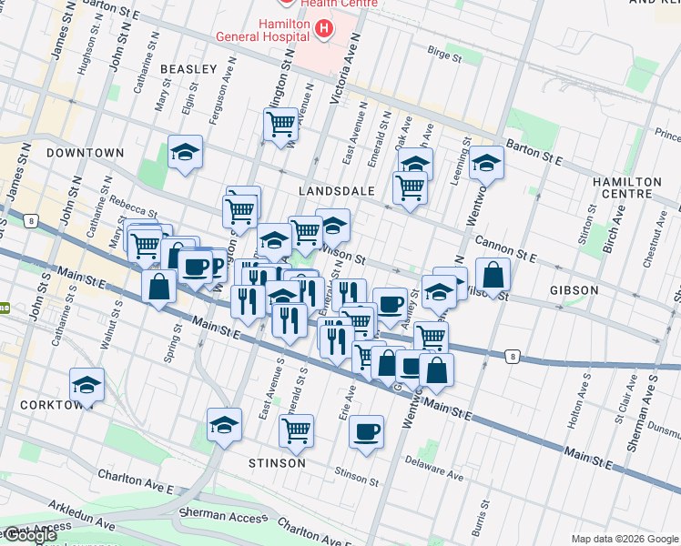 map of restaurants, bars, coffee shops, grocery stores, and more near 62 Emerald Street North in Hamilton