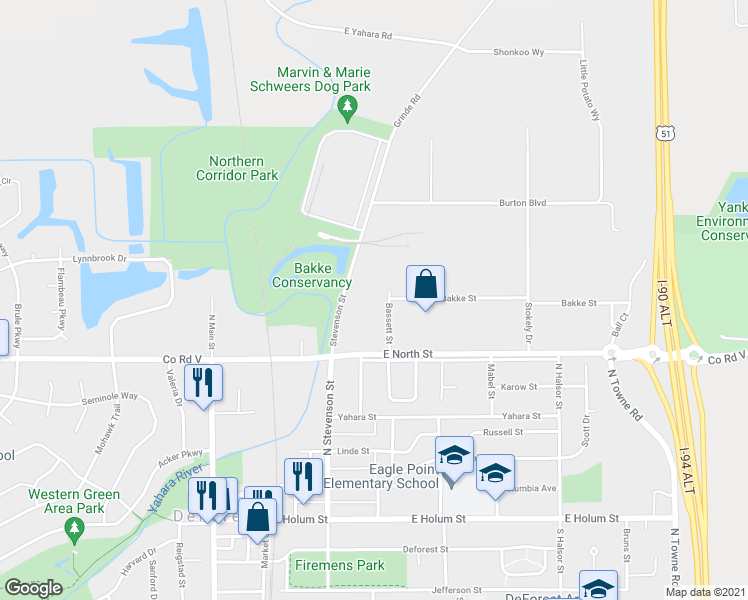 map of restaurants, bars, coffee shops, grocery stores, and more near 510 Bassett Street in DeForest