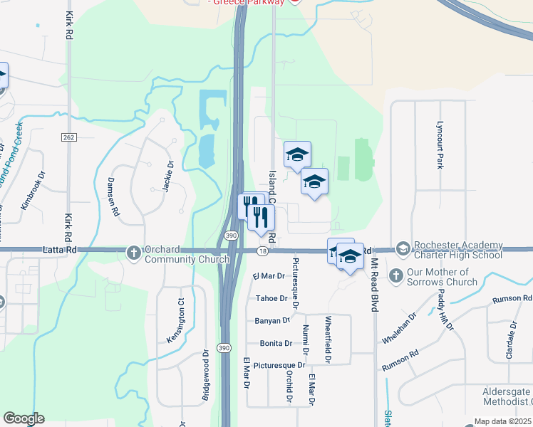 map of restaurants, bars, coffee shops, grocery stores, and more near 85 Island Cottage Road in Rochester