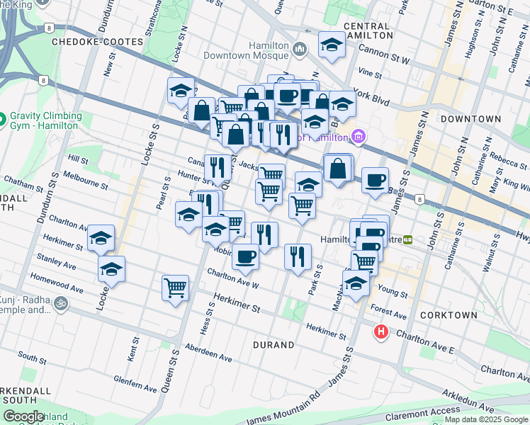map of restaurants, bars, coffee shops, grocery stores, and more near in Hamilton