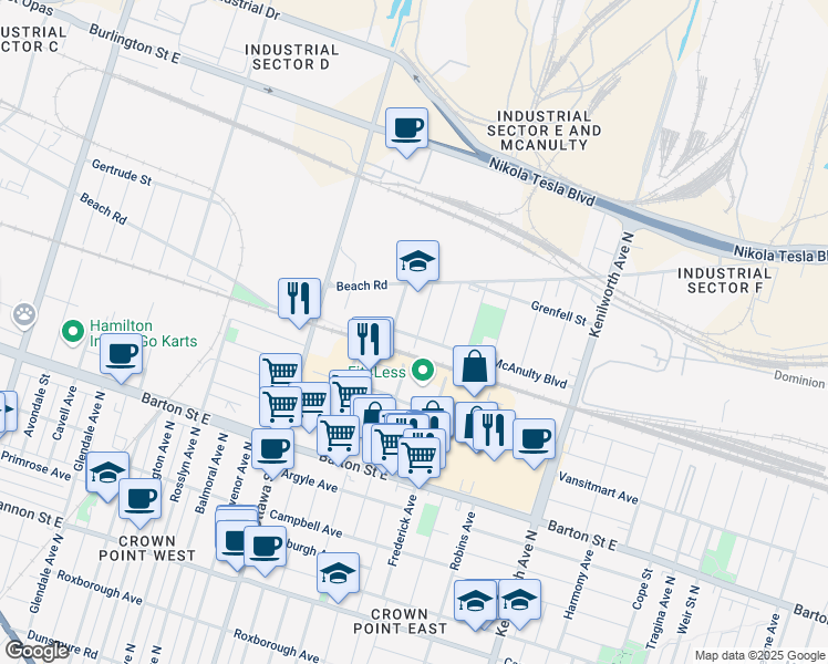 map of restaurants, bars, coffee shops, grocery stores, and more near 63 McAnulty Boulevard in Hamilton
