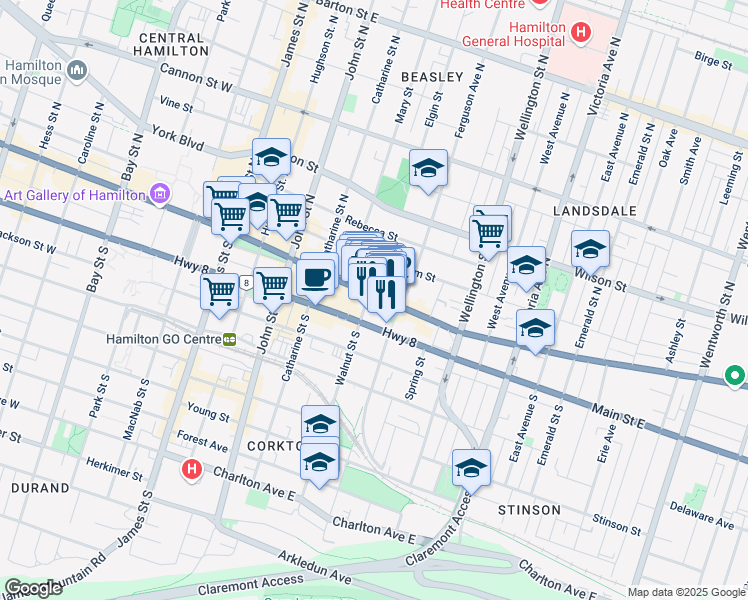 map of restaurants, bars, coffee shops, grocery stores, and more near in Hamilton