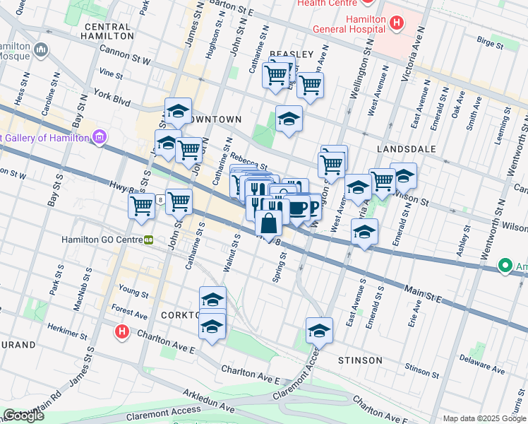 map of restaurants, bars, coffee shops, grocery stores, and more near 233 King Street East in Hamilton