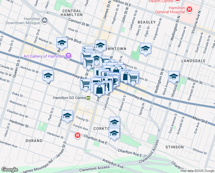 map of restaurants, bars, coffee shops, grocery stores, and more near 83 Highway 8 in Hamilton