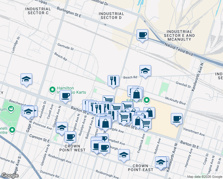 map of restaurants, bars, coffee shops, grocery stores, and more near 53 Dalhousie Avenue in Hamilton