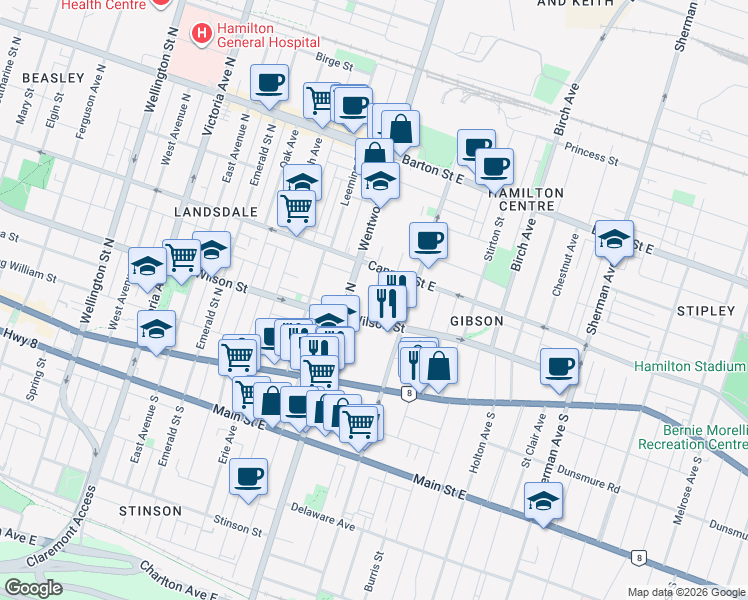 map of restaurants, bars, coffee shops, grocery stores, and more near 2 Adams Street in Hamilton