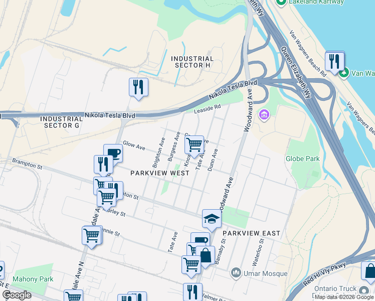 map of restaurants, bars, coffee shops, grocery stores, and more near in Hamilton