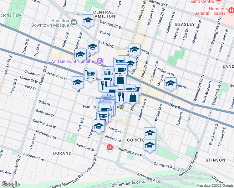 map of restaurants, bars, coffee shops, grocery stores, and more near 75 James Street South in Hamilton