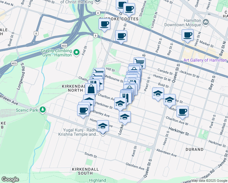 map of restaurants, bars, coffee shops, grocery stores, and more near 51 Chatham Street in Hamilton