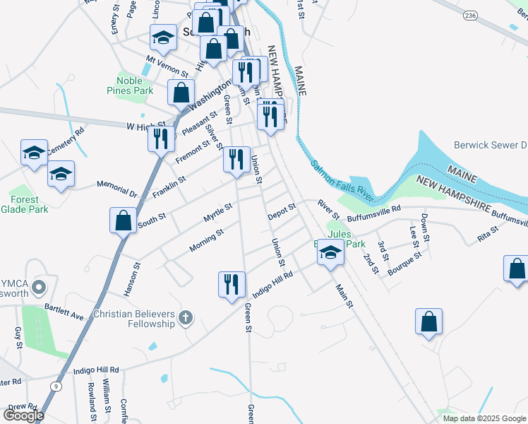 map of restaurants, bars, coffee shops, grocery stores, and more near 78 Union Street in Somersworth