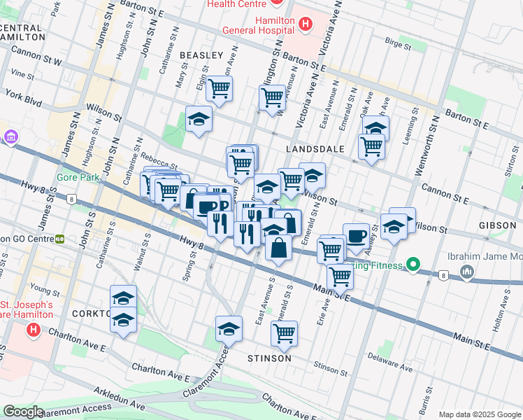 map of restaurants, bars, coffee shops, grocery stores, and more near in Hamilton