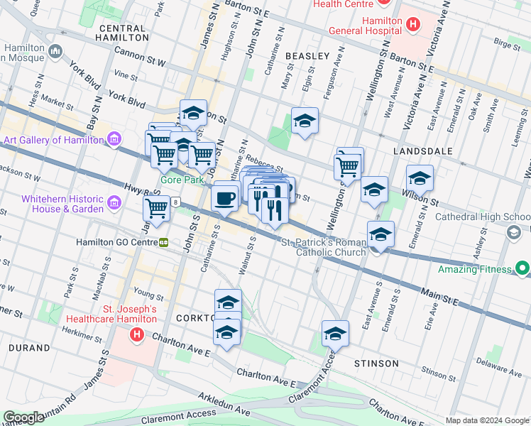 map of restaurants, bars, coffee shops, grocery stores, and more near in Hamilton