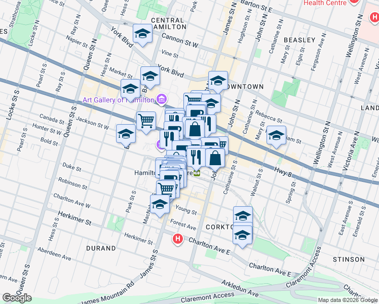 map of restaurants, bars, coffee shops, grocery stores, and more near 100 James Street South in Hamilton