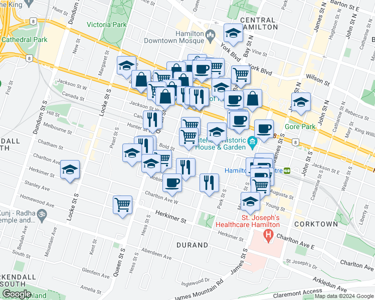 map of restaurants, bars, coffee shops, grocery stores, and more near in Hamilton