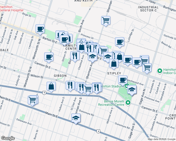 map of restaurants, bars, coffee shops, grocery stores, and more near 103 Sherman Avenue North in Hamilton
