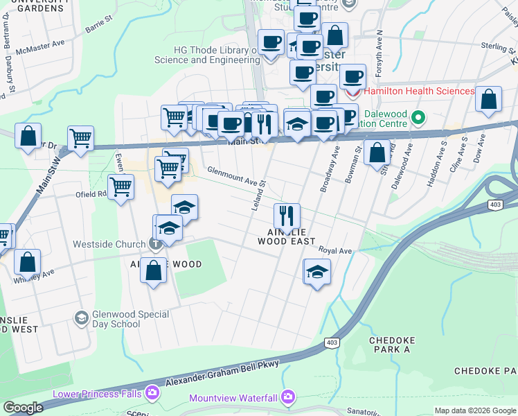 map of restaurants, bars, coffee shops, grocery stores, and more near 111 Ward Avenue in Hamilton